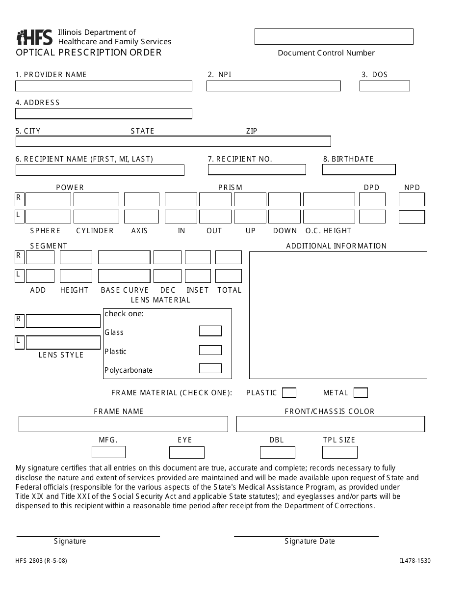 Form HFS2803 (IL478-1530) Optical Prescription Order - Illinois, Page 1