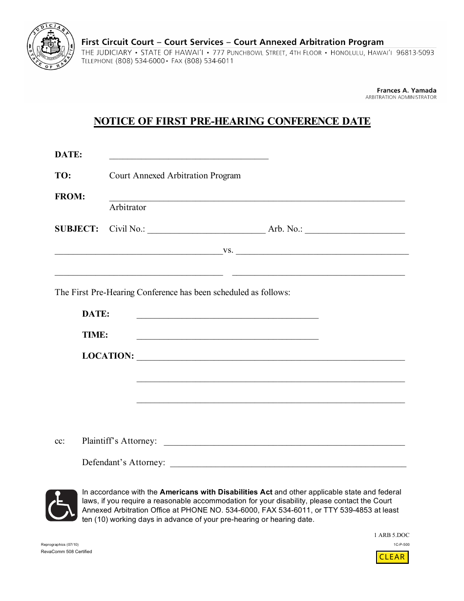 Form 1C-P-500 Notice of First Pre-hearing Conference Date - Hawaii, Page 1