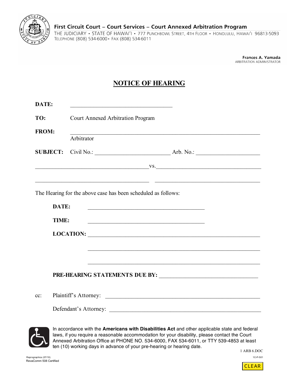 Form 1C-P-501 Notice of Hearing - Hawaii, Page 1