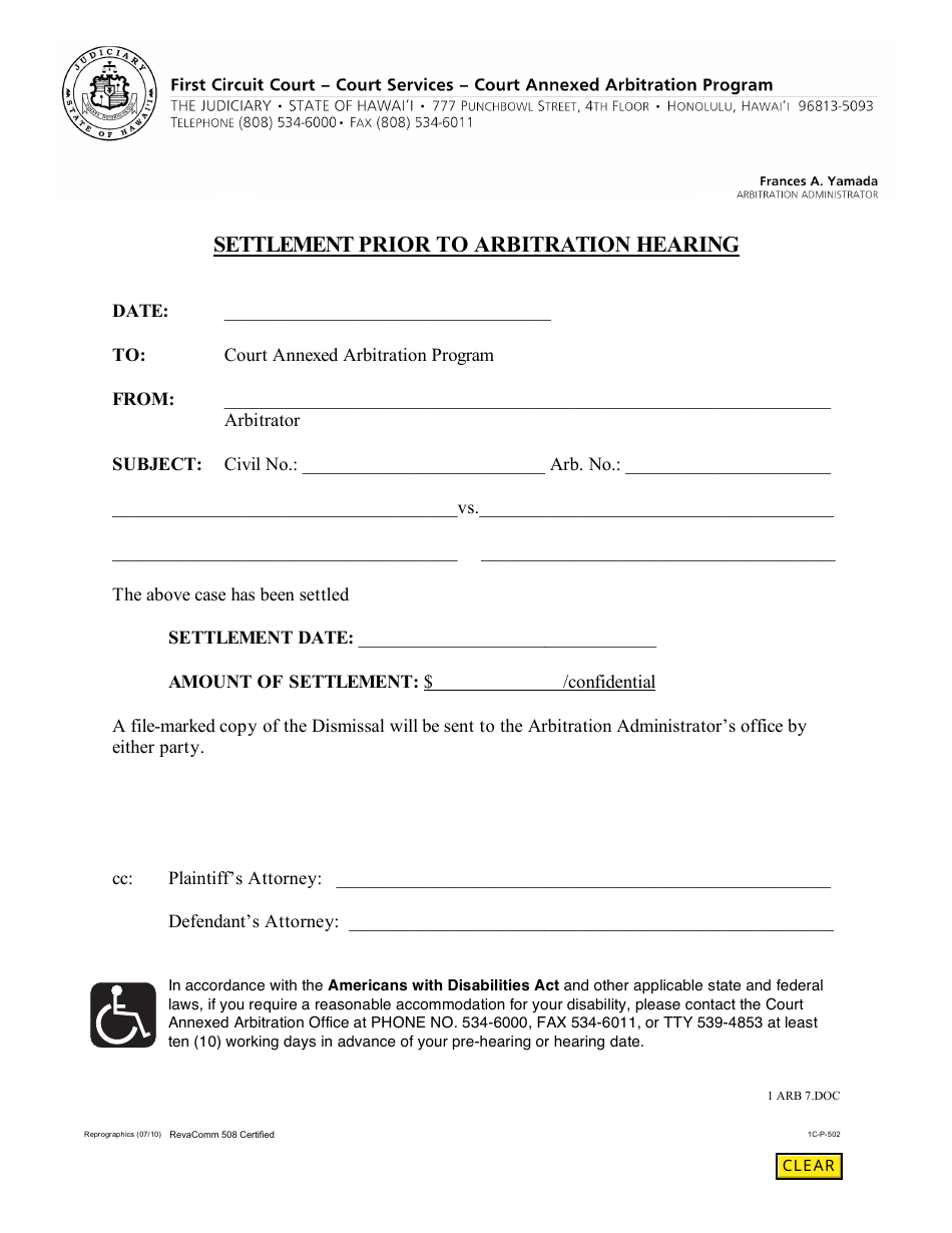 Form 1C-P-502 Settlement Prior to Arbitration Hearing - Hawaii, Page 1