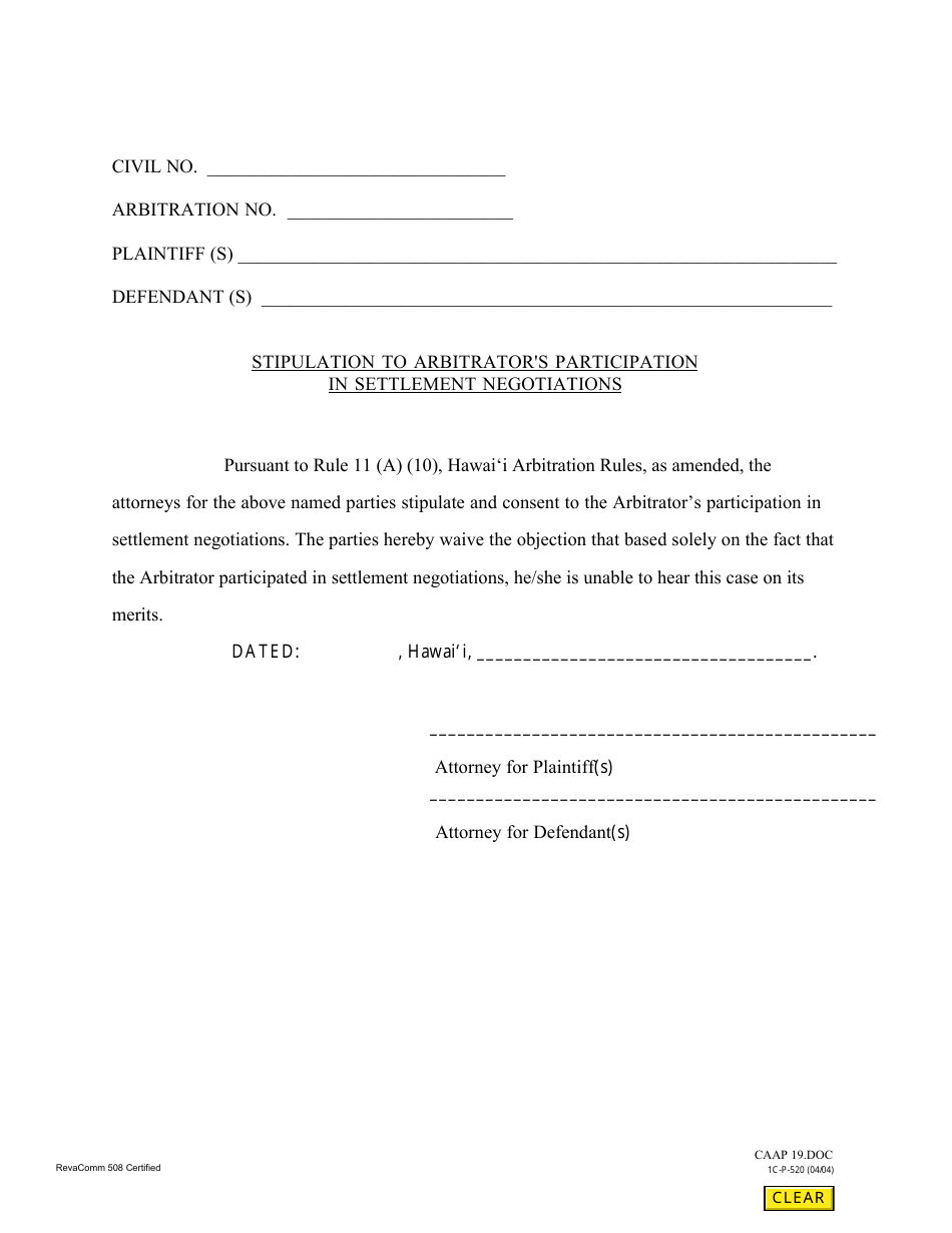Form 1C-P-520 Stipulation to Arbitrators Participation in Settlement Negotiations - Hawaii, Page 1