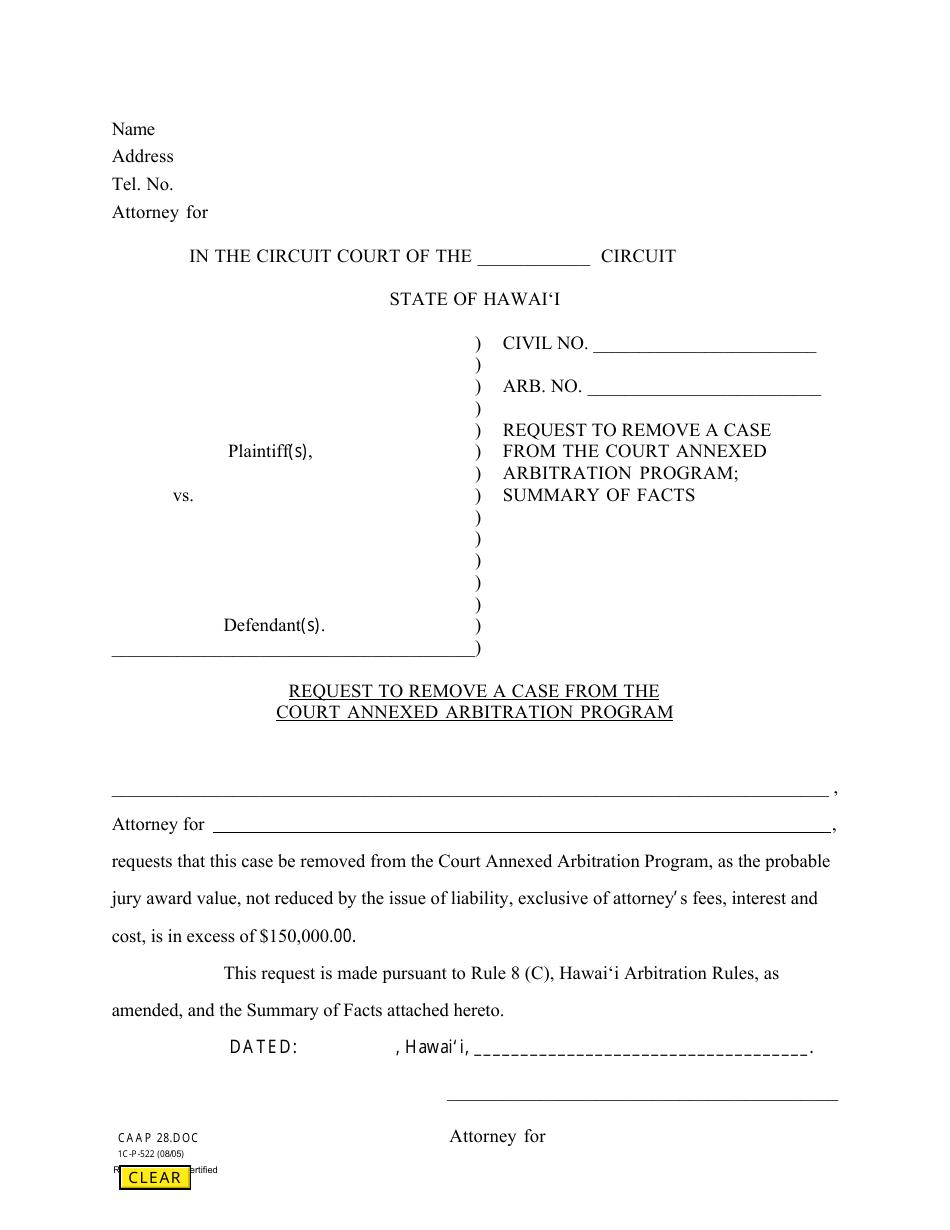 Form 1C-P-522 Request to Remove a Case From the Court Annexed Arbitration Program; Summary of Facts - Hawaii, Page 1