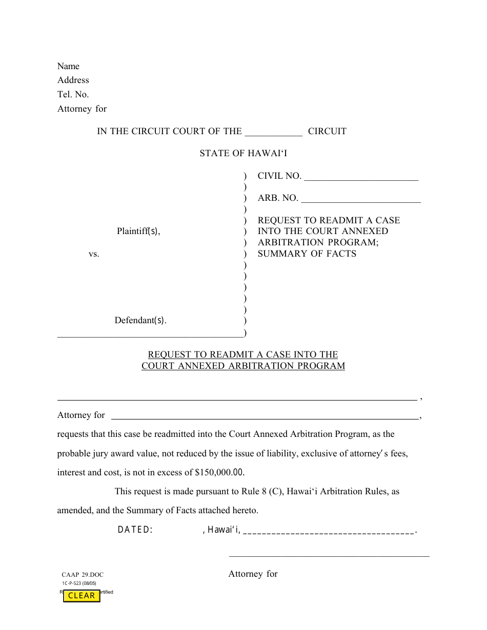 Form 1C-P-523 Request to Readmit a Case Into the Court Annexed Arbitration Program - Hawaii, Page 1