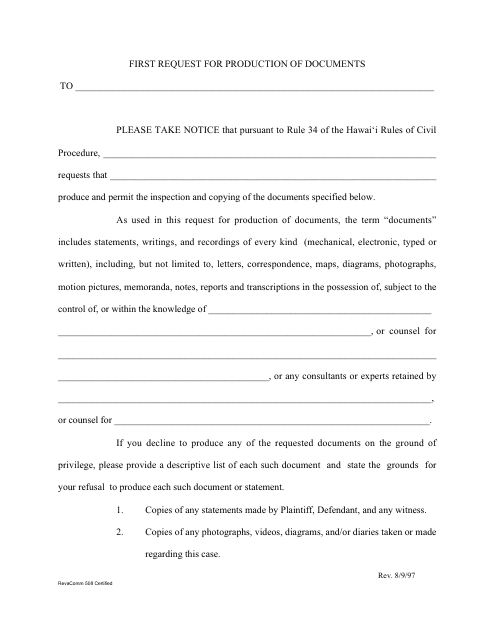 Form 1C-P-531 First Request for Production of Documents - Hawaii