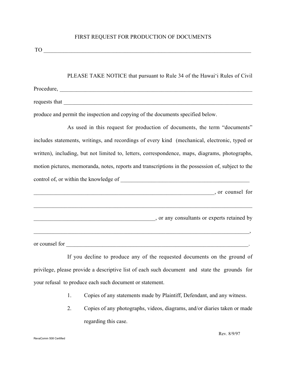 Form 1C-P-531 First Request for Production of Documents - Hawaii, Page 1