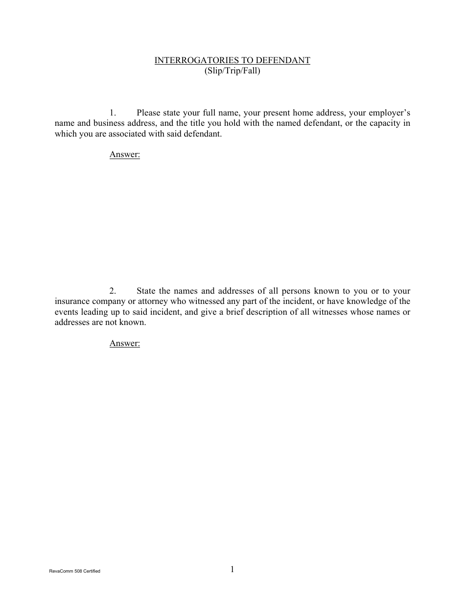 Form 1C-P-525 Interrogatories to Defendant (Slip / Trip / Fall) - Hawaii, Page 1