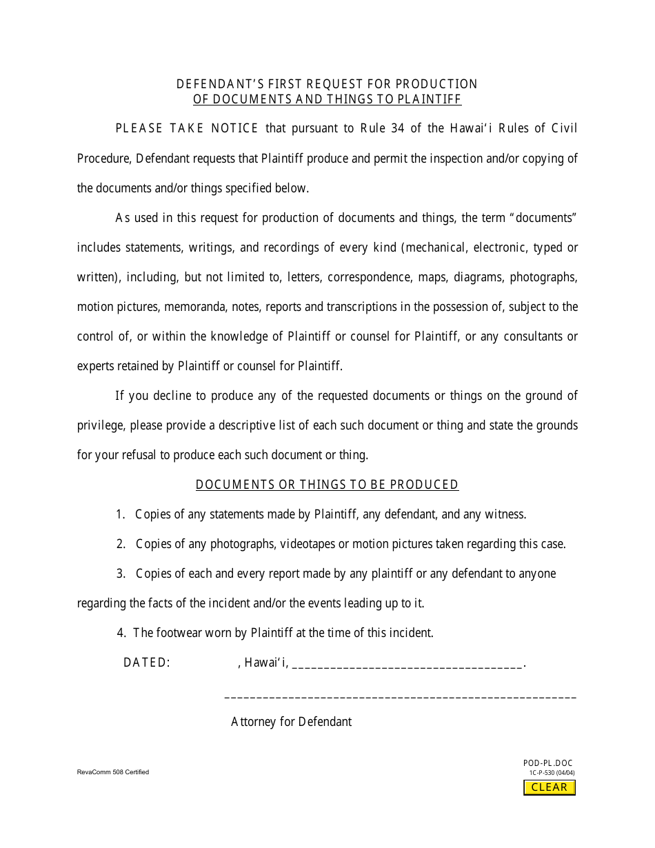 Form 1C-P-530 Defendants First Request for Production of Documents and Things to Plaintiff - Hawaii, Page 1