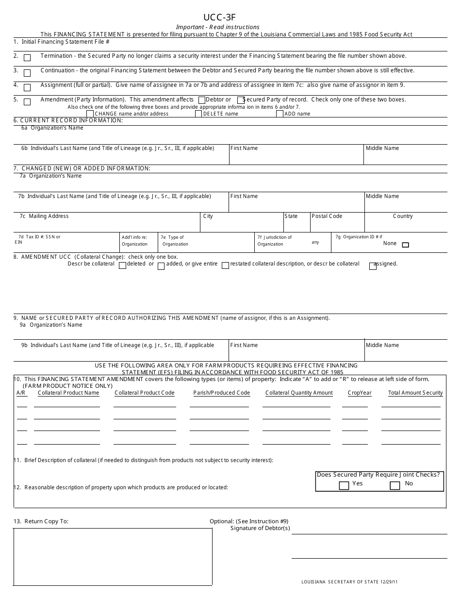 Form UCC-3F Financing Statement Amendment - Louisiana, Page 1