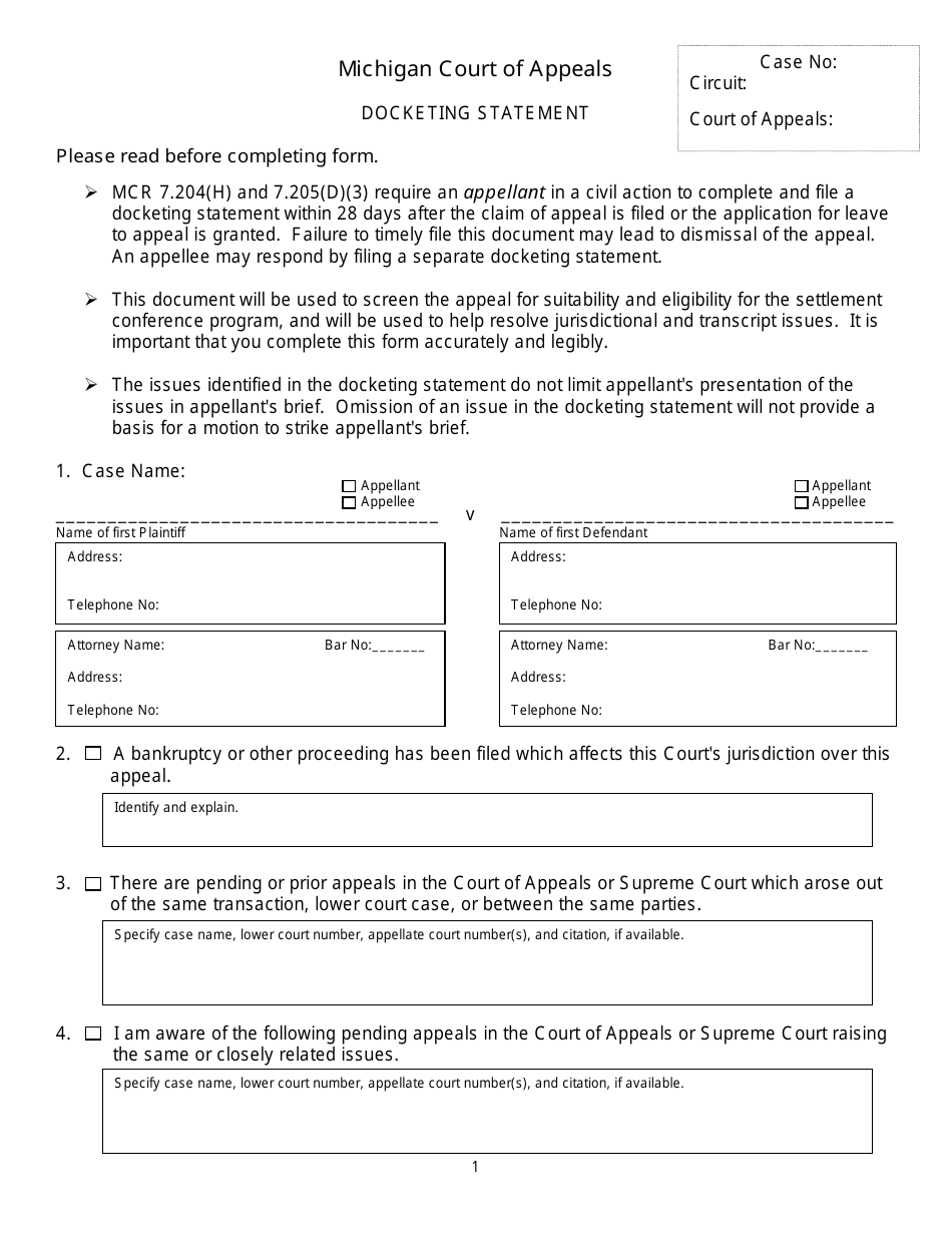 Michigan Docketing Statement Fill Out Sign Online and Download PDF