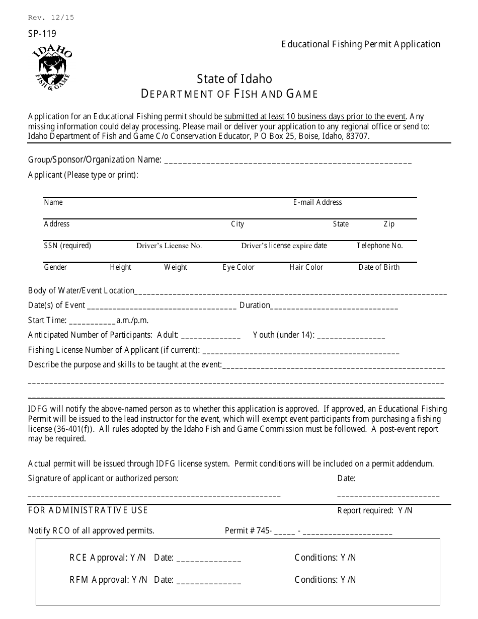 Form SP119 Fill Out, Sign Online and Download Printable PDF, Idaho