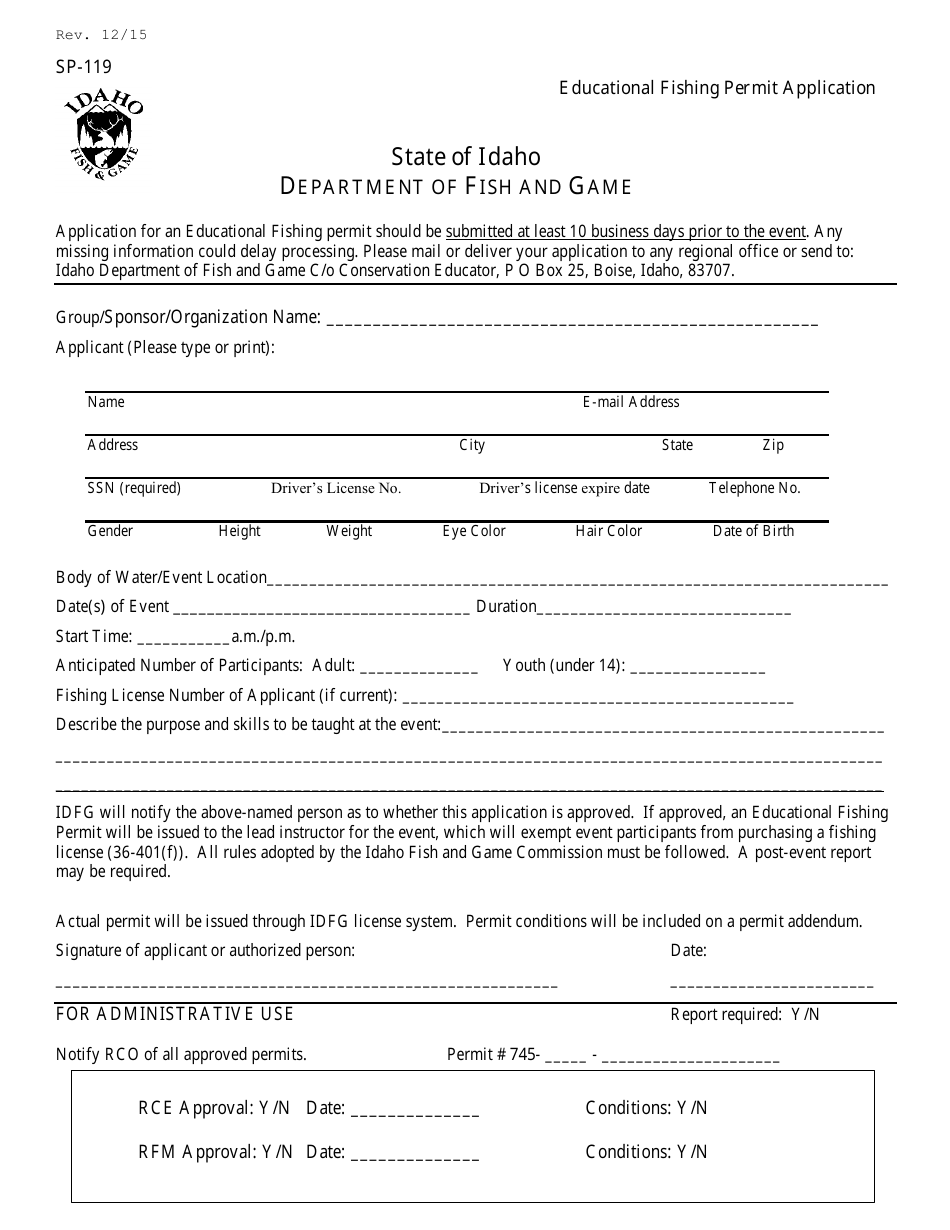 Form SP-119 Educational Fishing Permit Application - Idaho, Page 1