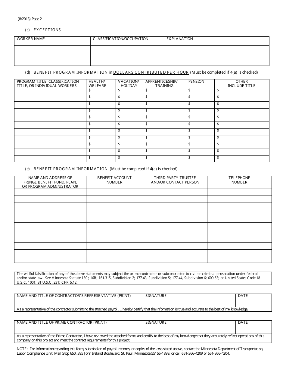 Prime Contractor  Subcontractors Statement of Compliance - Minnesota, Page 2