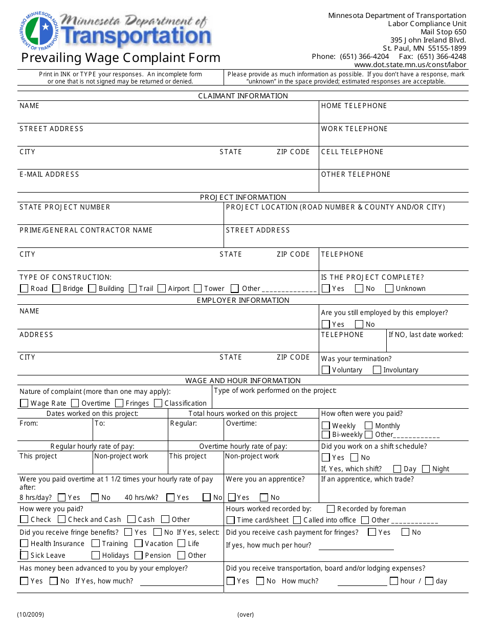 Prevailing Wage Complaint Form - Minnesota, Page 1