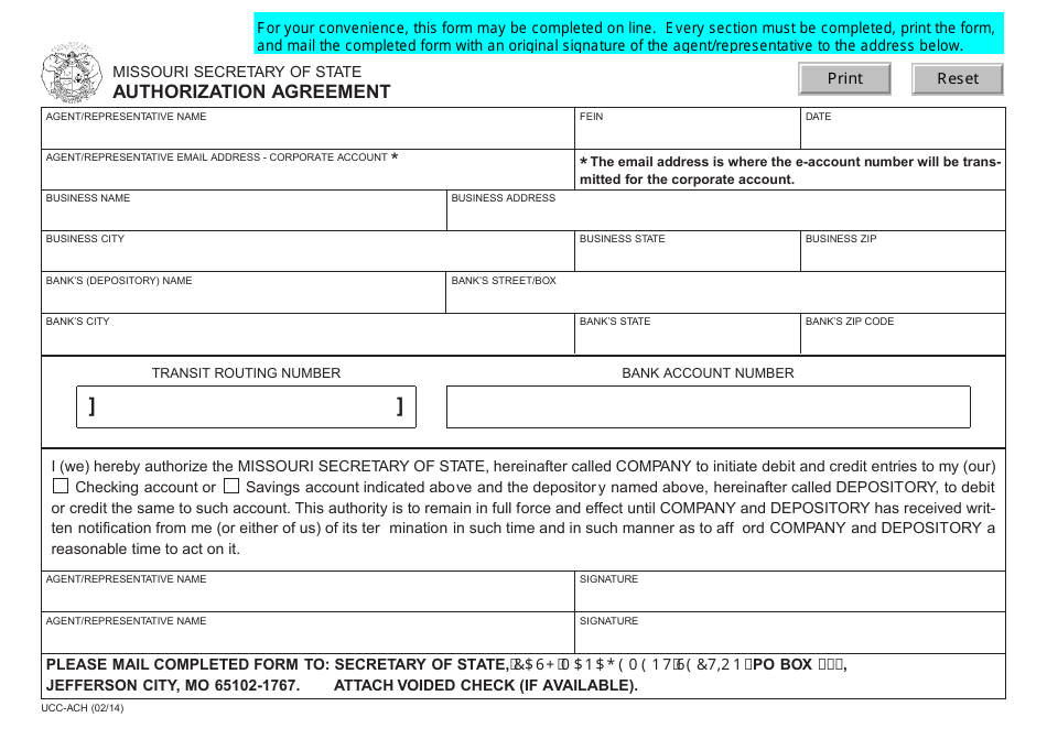 Form UCC-ACH Authorization Agreement - Missouri, Page 1