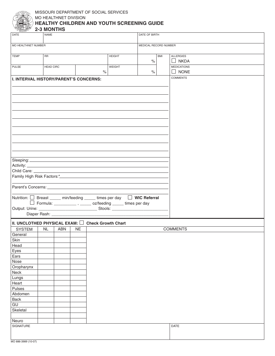 Form MO886-3989 Healthy Children and Youth Screening Guide - 2-3 Months - Missouri, Page 1