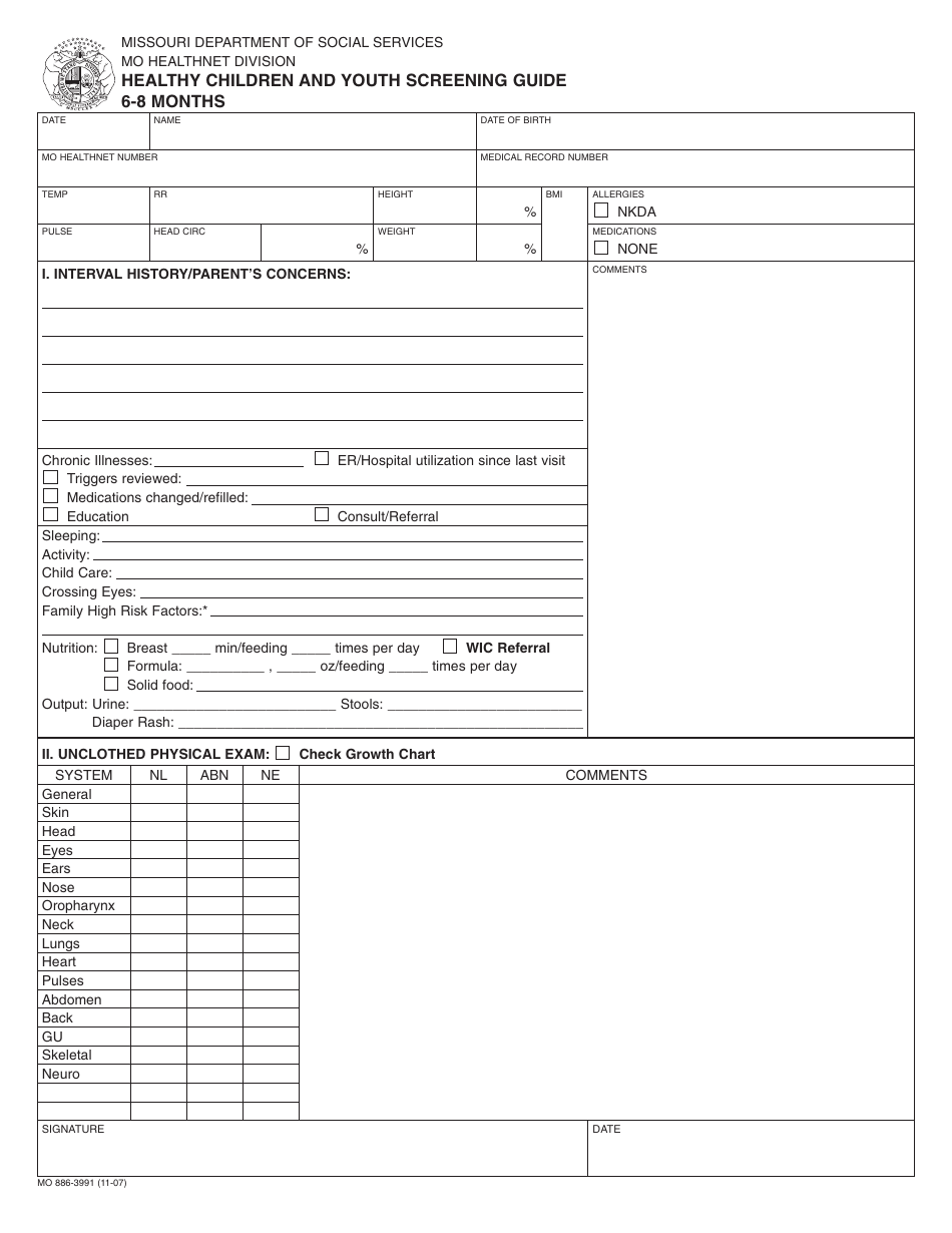 Form MO886-3991 Healthy Children and Youth Screening Guide - 6-8 Months - Missouri, Page 1