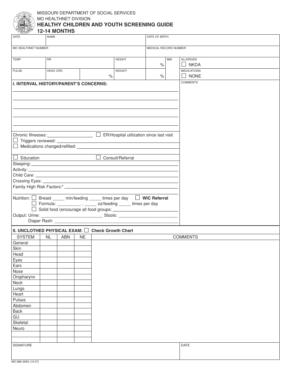 Form MO886-3993 Healthy Children and Youth Screening Guide - 12-14 Months - Missouri, Page 1