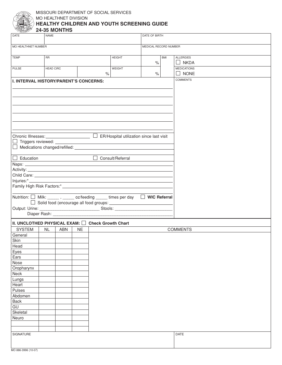 Form MO886-3996 Healthy Children and Youth Screening Guide - 24-35 Months - Missouri, Page 1