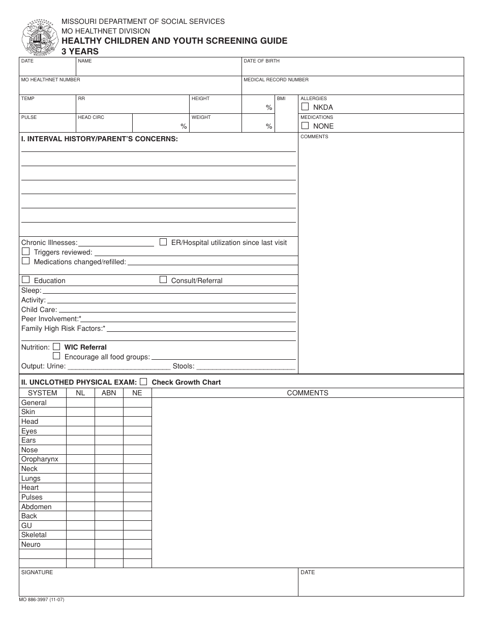 Form MO886-3997 Healthy Children and Youth Screening Guide - 3 Years - Missouri, Page 1