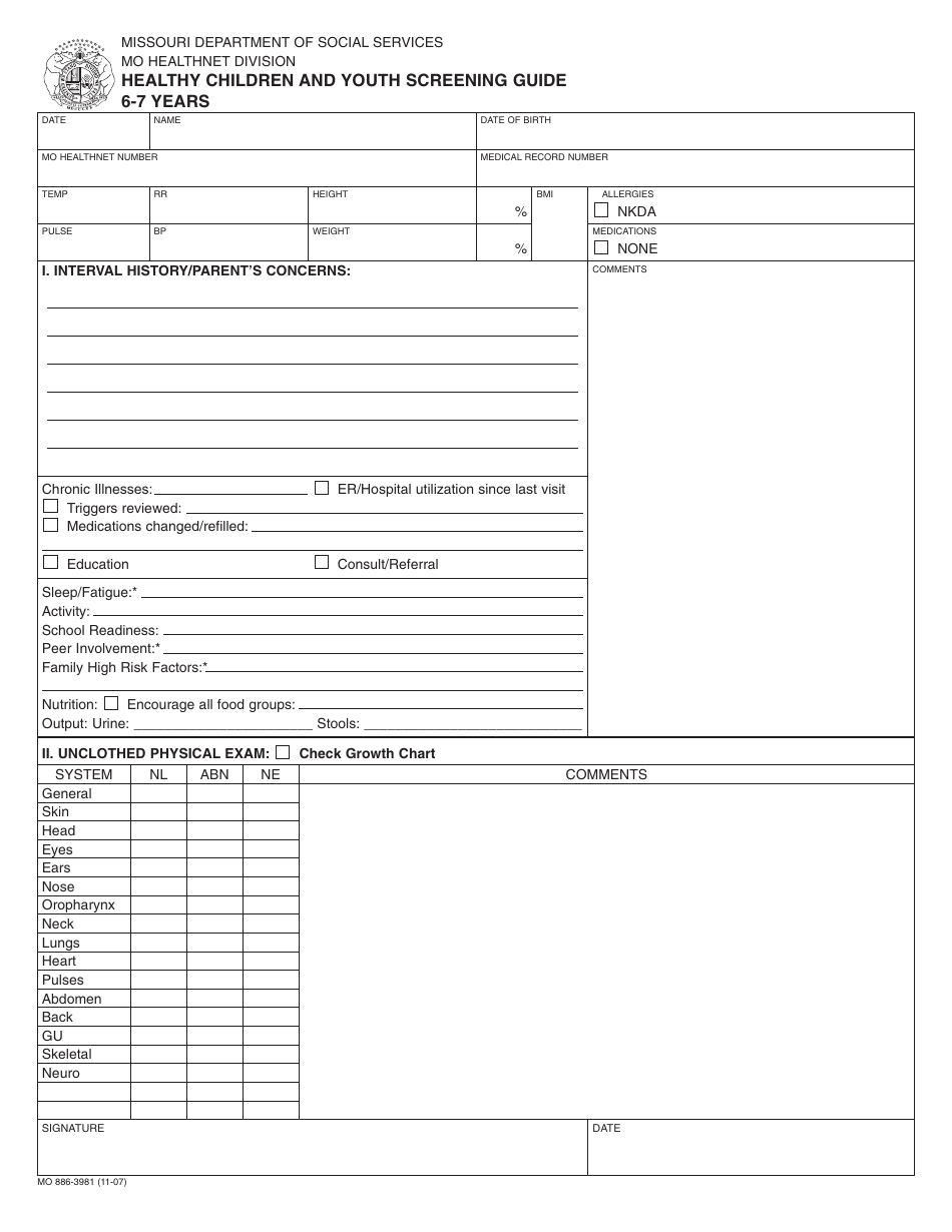 Form MO886-3981 Healthy Children and Youth Screening Guide - 6-7 Years - Missouri, Page 1