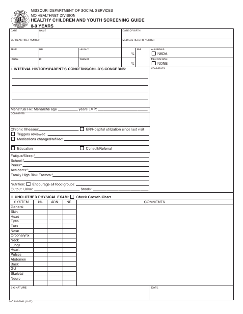 Form MO886-3982 Healthy Children and Youth Screening Guide - 8-9 Years - Missouri