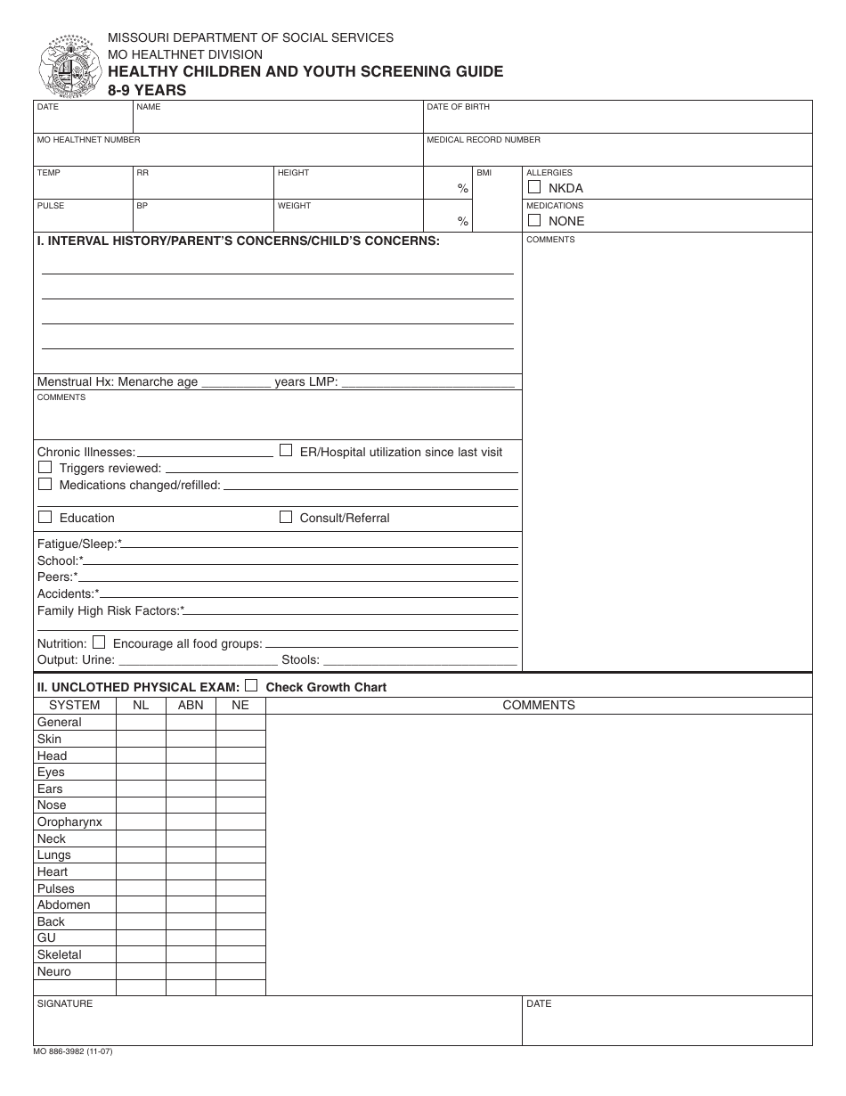 Form MO886-3982 Healthy Children and Youth Screening Guide - 8-9 Years - Missouri, Page 1