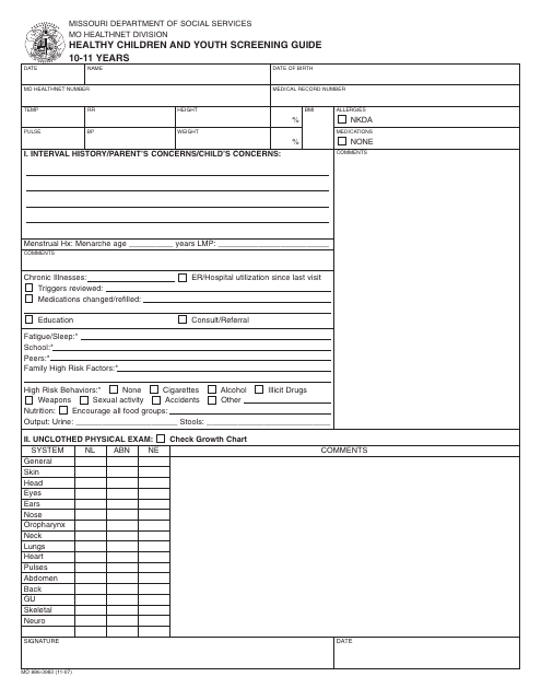 Form MO886-3983 Healthy Children and Youth Screening Guide - 10-11 Years - Missouri