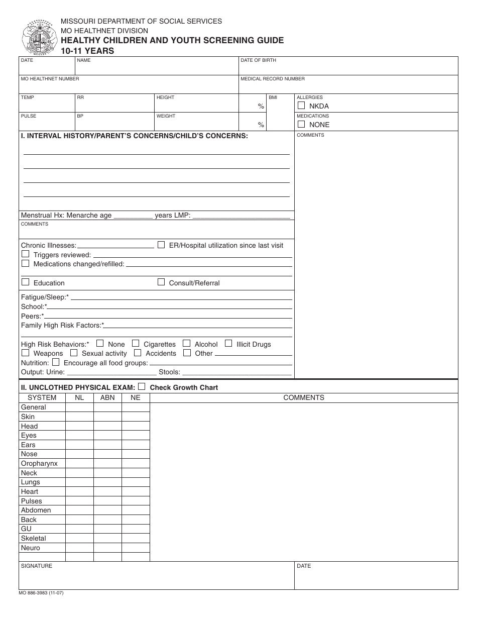 Form MO886-3983 Healthy Children and Youth Screening Guide - 10-11 Years - Missouri, Page 1