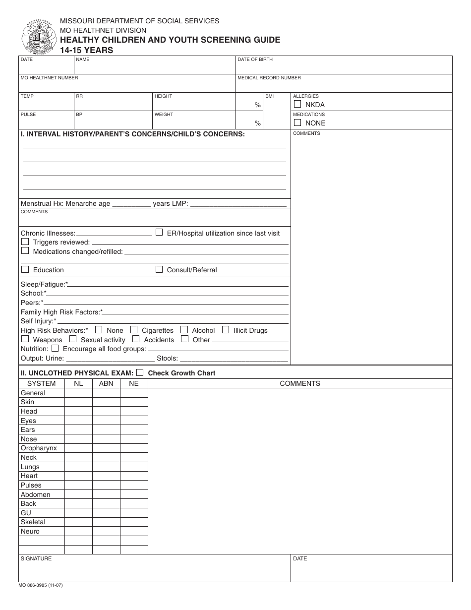 Form MO886-3985 Healthy Children and Youth Screening Guide - 14-15 Years - Missouri, Page 1