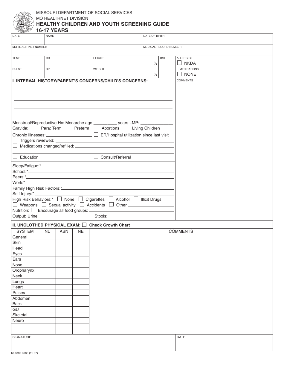 Form MO886-3986 Healthy Children and Youth Screening Guide - 16-17 Years - Missouri, Page 1
