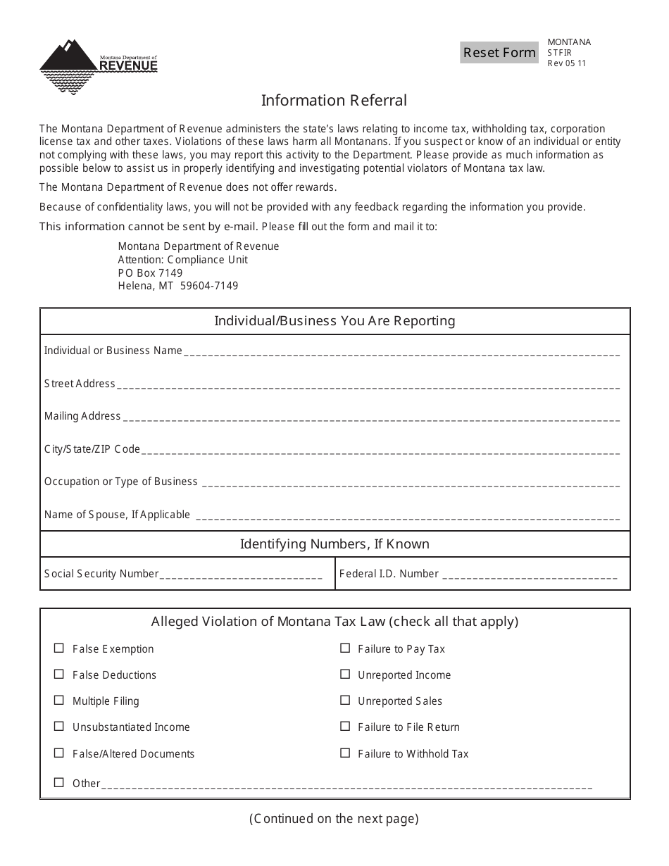 Form STFIR Information Referral - Montana, Page 1