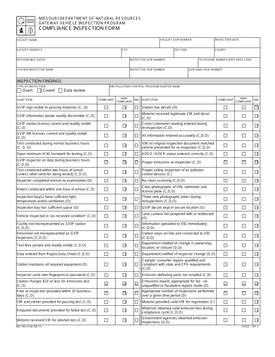 Form MO780-2140 Compliance Inspection Form - Missouri, Page 1