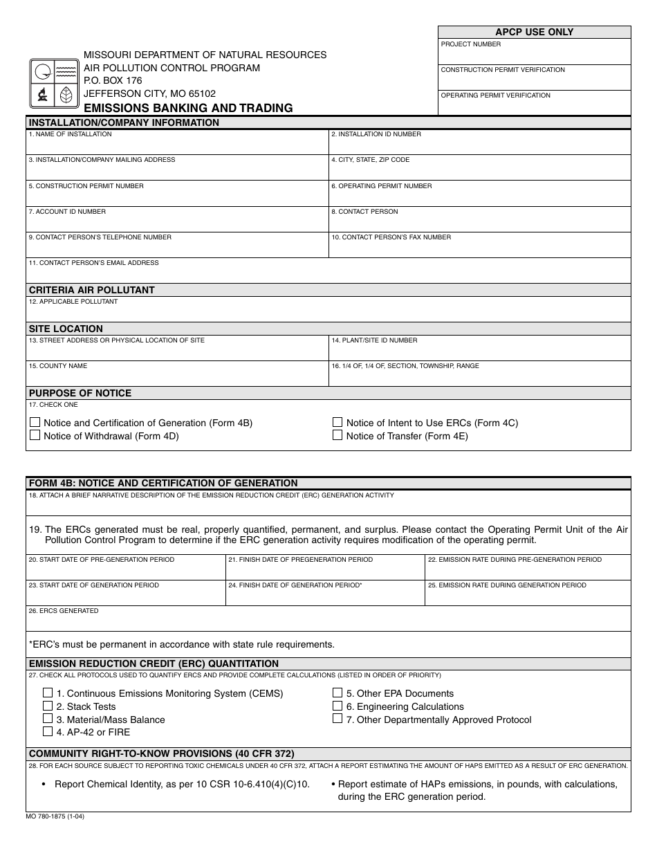 Form MO780-1875 Emissions Banking and Trading - Missouri, Page 1