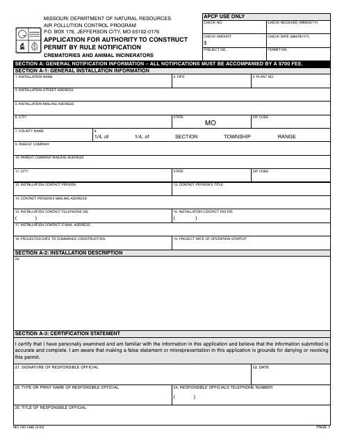 Form MO780-1888 Application for Authority to Construct, Permit by Rule Notification - Crematories and Animal Incinerators - Missouri