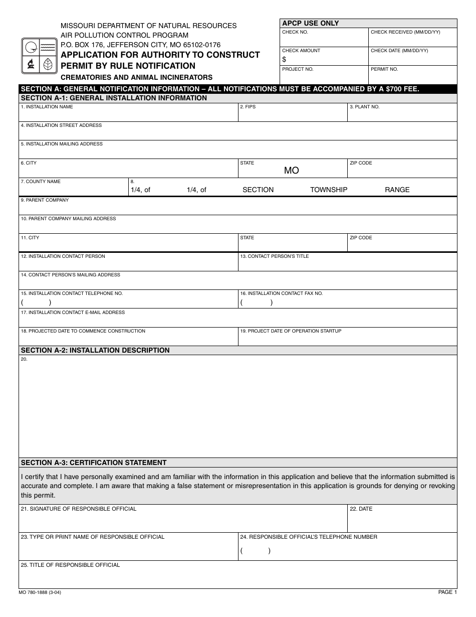 Form MO780-1888 Application for Authority to Construct, Permit by Rule Notification - Crematories and Animal Incinerators - Missouri, Page 1