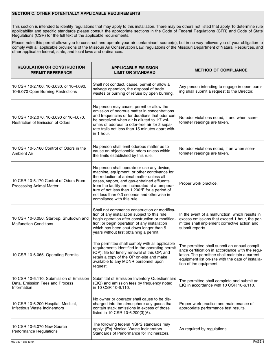 Form MO780-1888 Application for Authority to Construct, Permit by Rule Notification - Crematories and Animal Incinerators - Missouri, Page 4