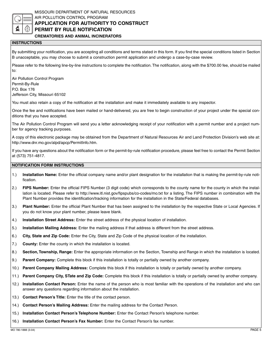 Form MO780-1888 Application for Authority to Construct, Permit by Rule Notification - Crematories and Animal Incinerators - Missouri, Page 5