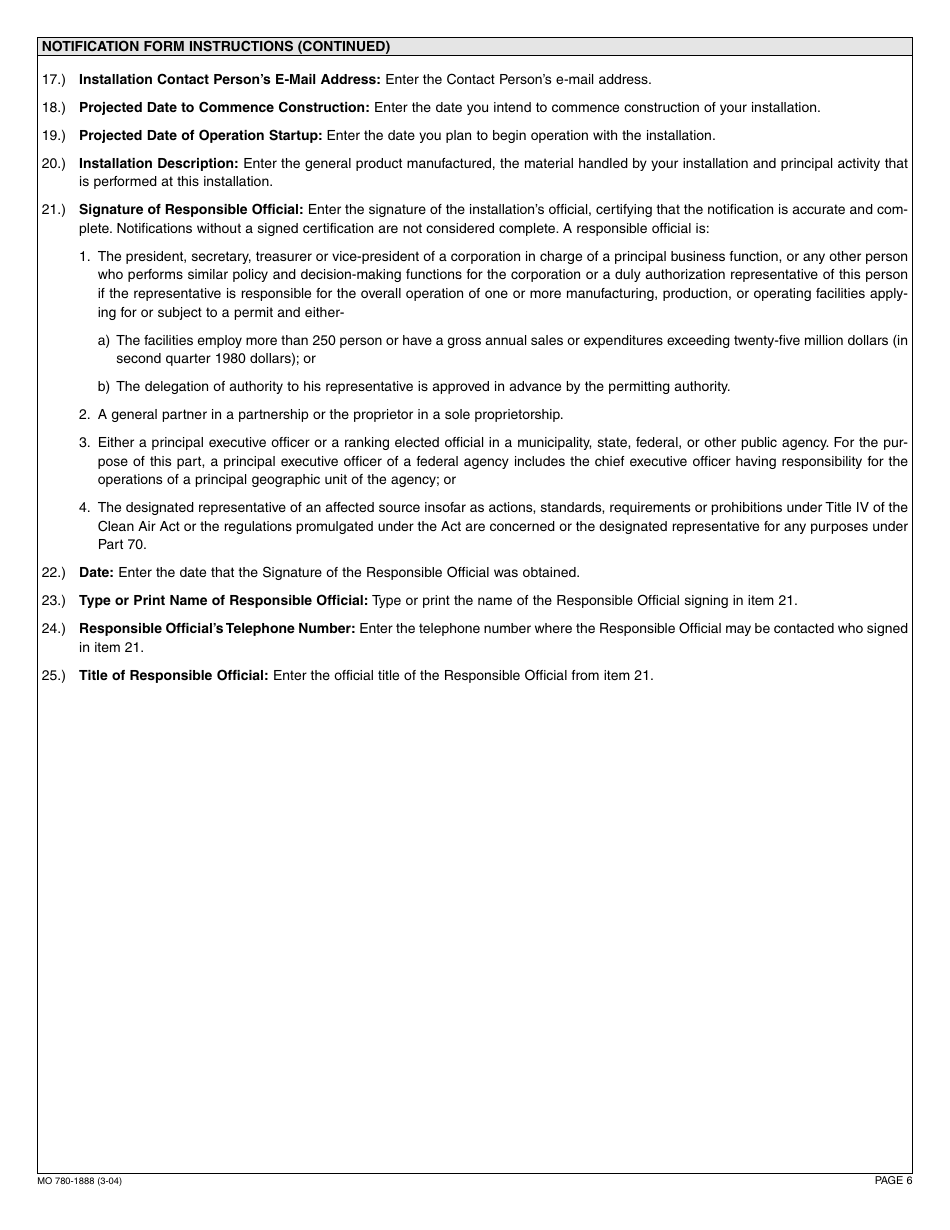 Form MO780-1888 Application for Authority to Construct, Permit by Rule Notification - Crematories and Animal Incinerators - Missouri, Page 6