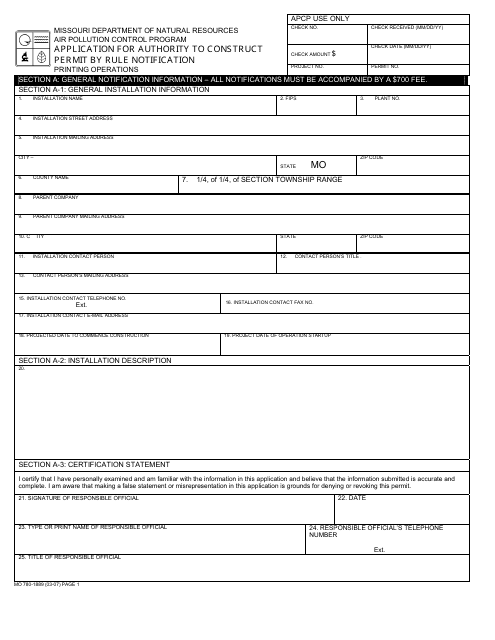 Form MO780-1889 Application for Authority to Construct, Permit by Rule Notification - Printing Operations - Missouri