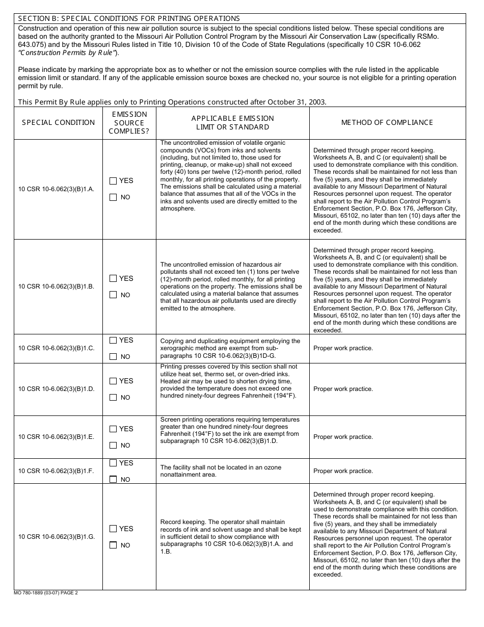 Form MO780-1889 Application for Authority to Construct, Permit by Rule Notification - Printing Operations - Missouri, Page 2
