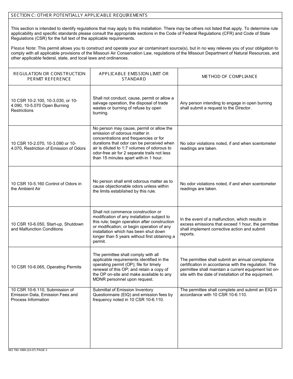 Form MO780-1889 Application for Authority to Construct, Permit by Rule Notification - Printing Operations - Missouri, Page 3