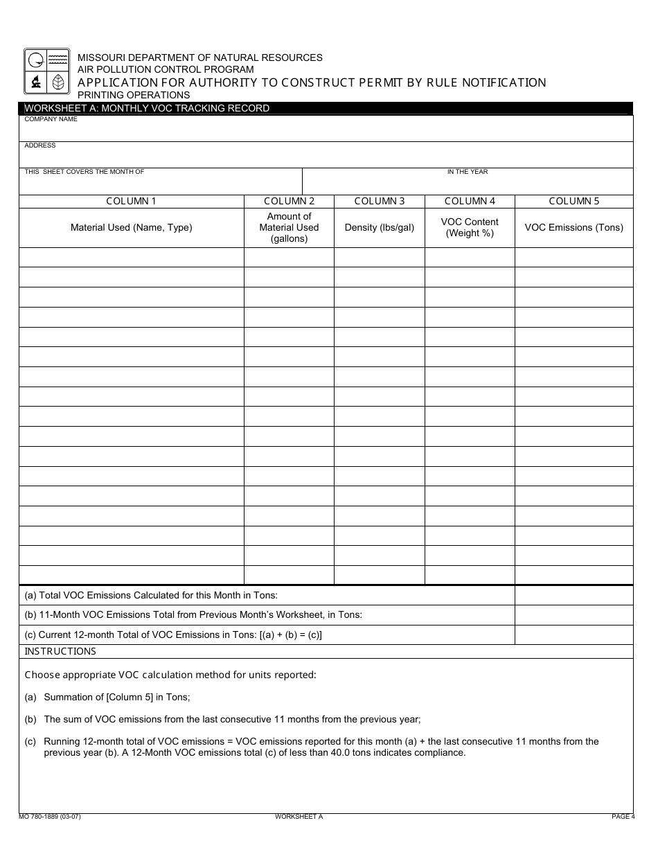 Form MO780-1889 Application for Authority to Construct, Permit by Rule Notification - Printing Operations - Missouri, Page 4