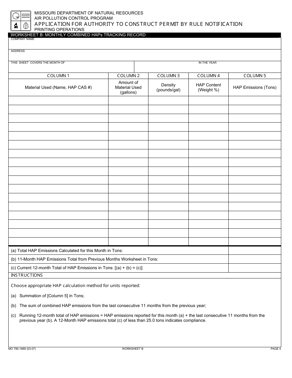 Form MO780-1889 Application for Authority to Construct, Permit by Rule Notification - Printing Operations - Missouri, Page 5