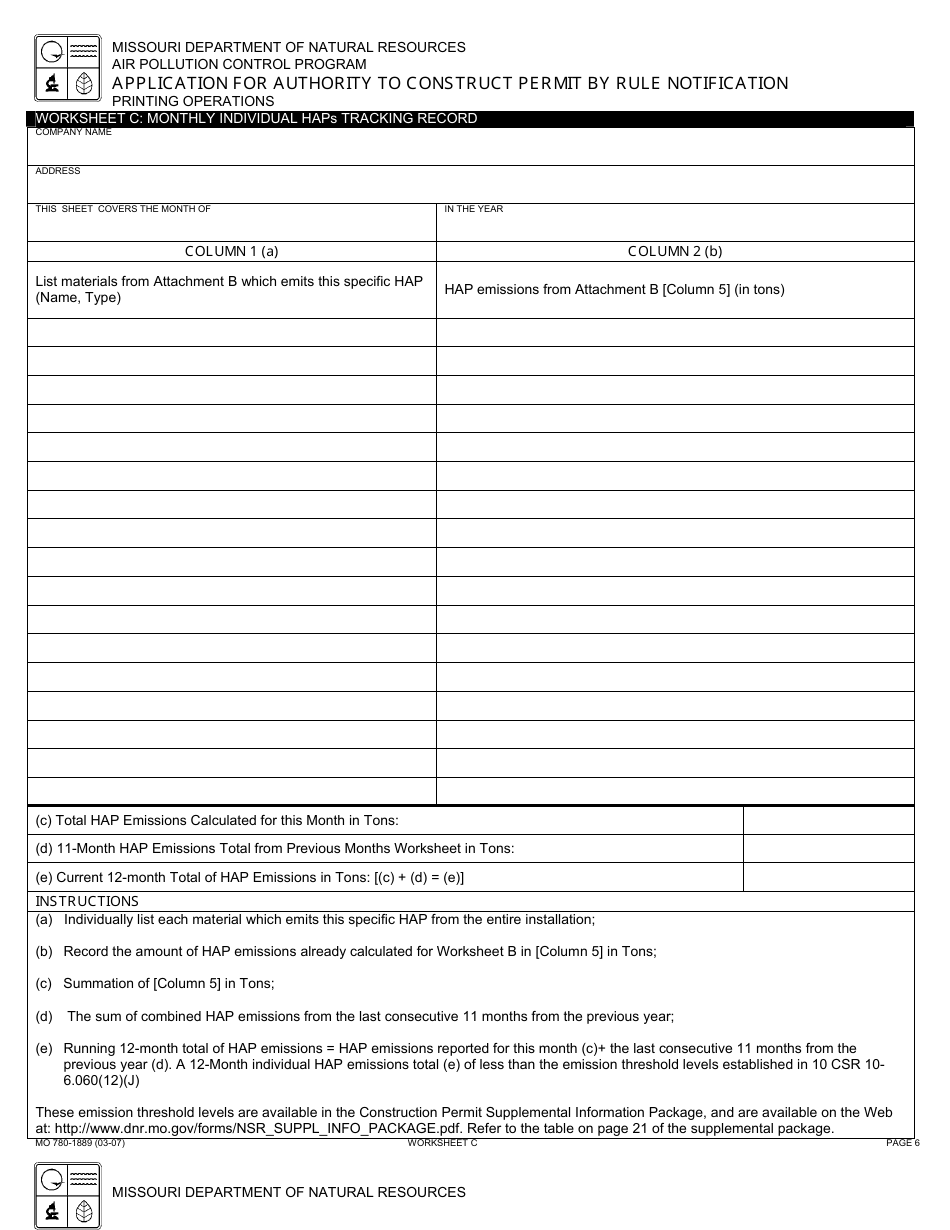 Form MO780-1889 Application for Authority to Construct, Permit by Rule Notification - Printing Operations - Missouri, Page 6