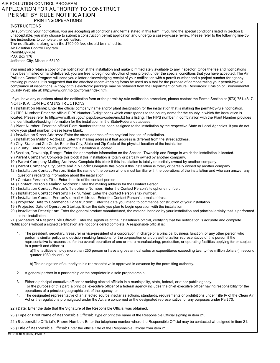 Form MO780-1889 Application for Authority to Construct, Permit by Rule Notification - Printing Operations - Missouri, Page 7