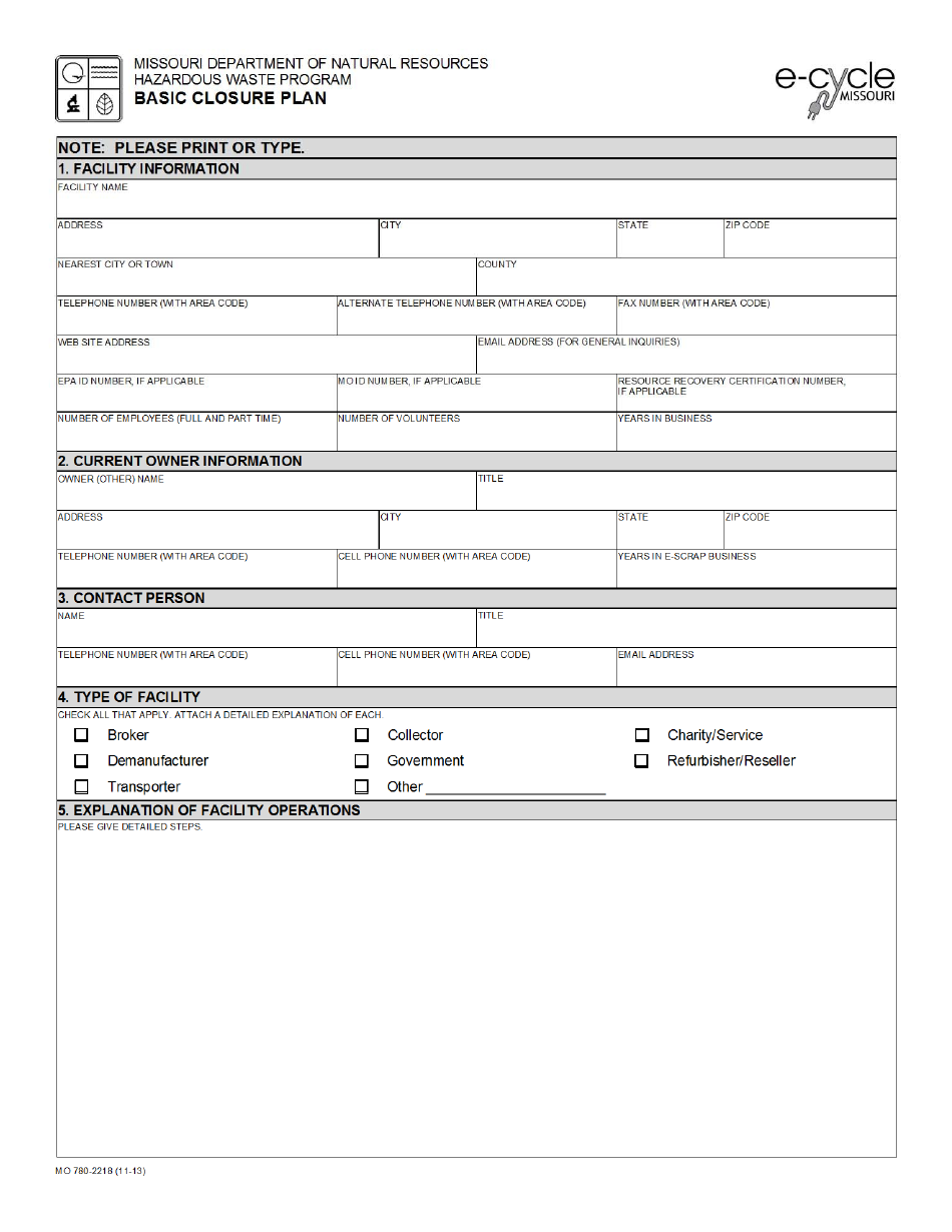 Form MO780-2218 Basic Closure Plan - Missouri, Page 1
