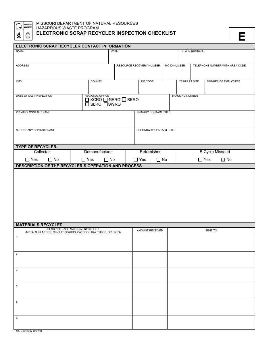 Form MO780-2097 Electronic Scrap Recycler Inspection Checklist - Missouri, Page 1
