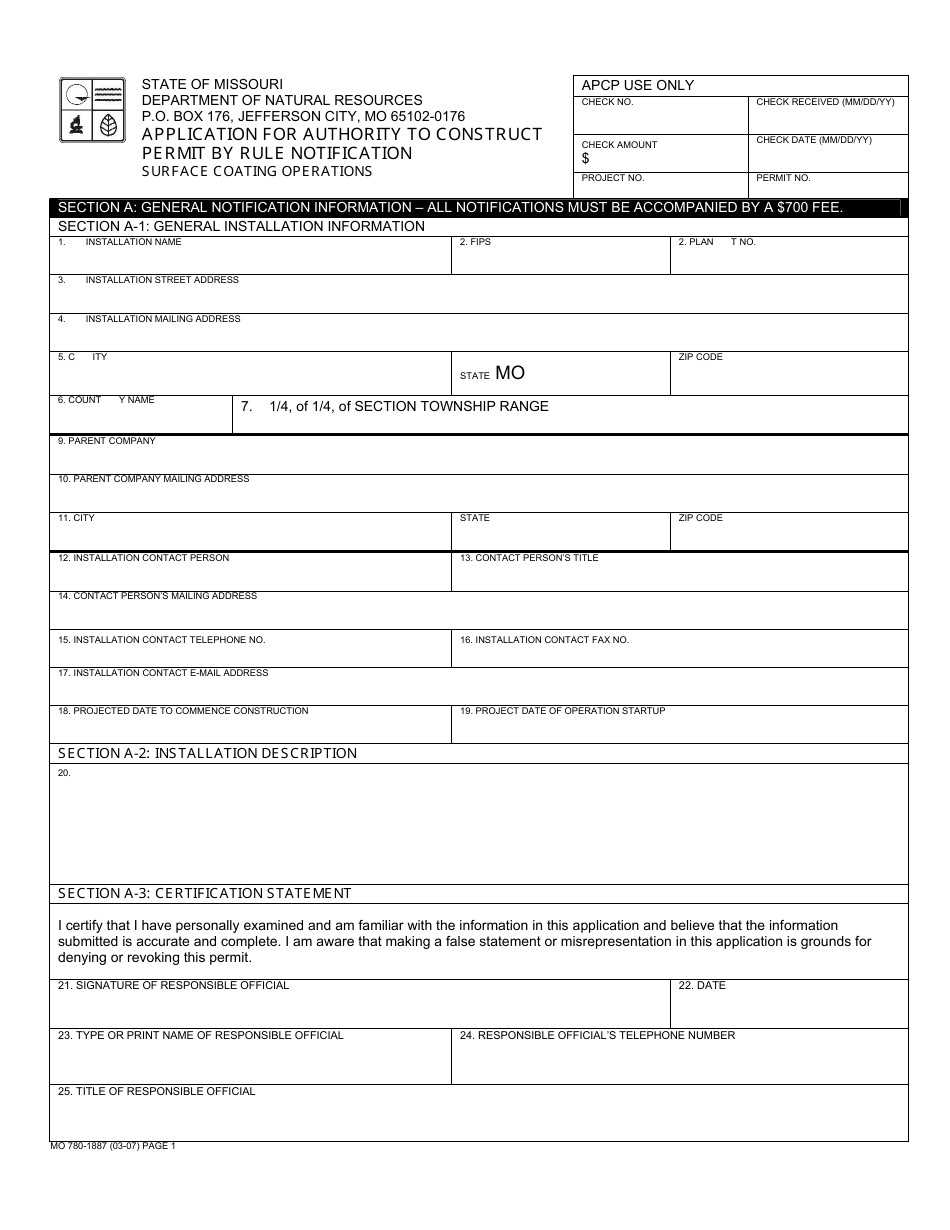 Form MO780-1887 Application for Authority to Construct, Permit by Rule Notification - Surface Coating Operations - Missouri, Page 1