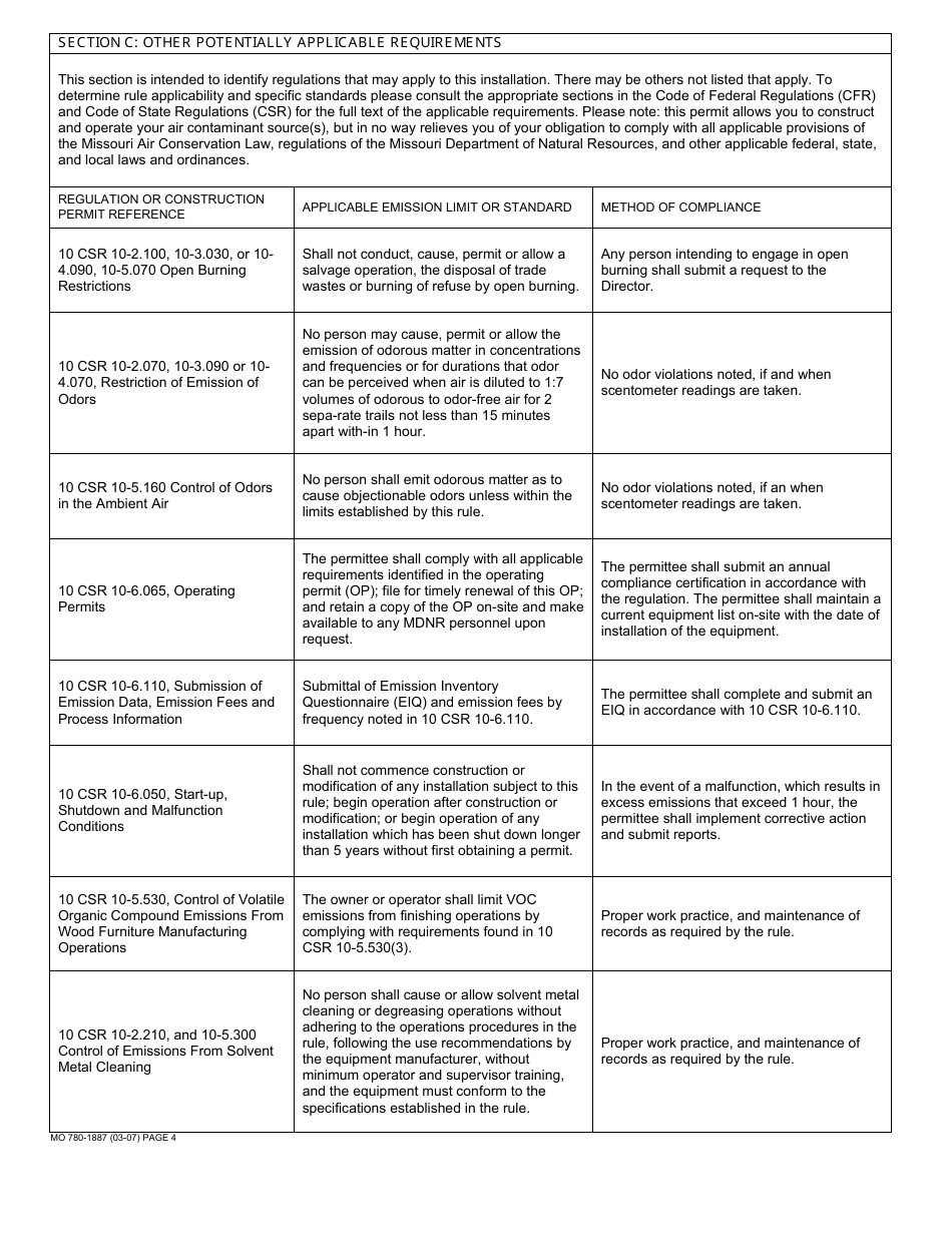 Form MO780-1887 Application for Authority to Construct, Permit by Rule Notification - Surface Coating Operations - Missouri, Page 4