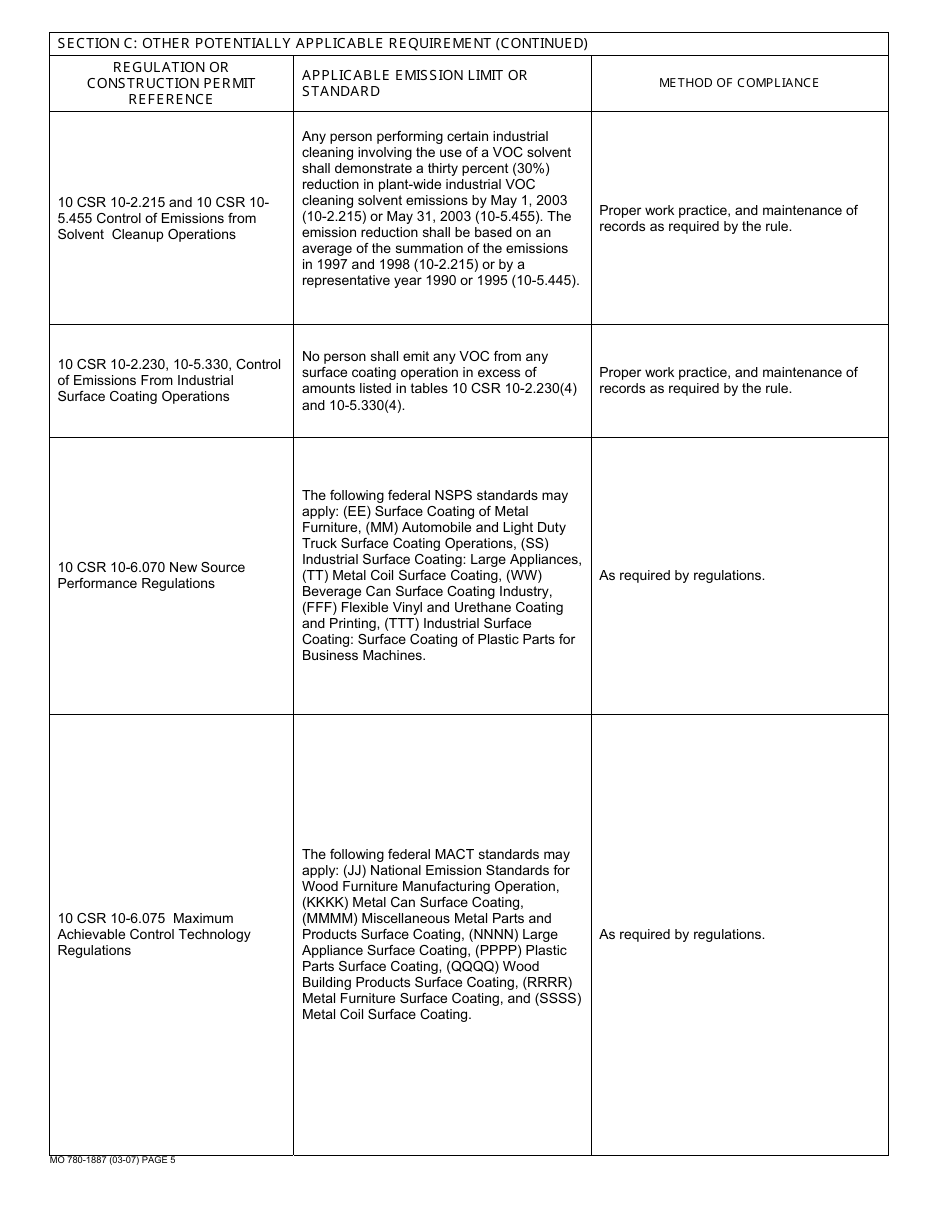 Form MO780-1887 Application for Authority to Construct, Permit by Rule Notification - Surface Coating Operations - Missouri, Page 5